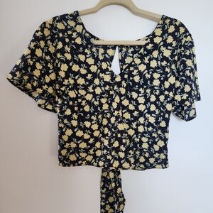 Lush Brie Navy and Yellow Floral Blouse, Size M